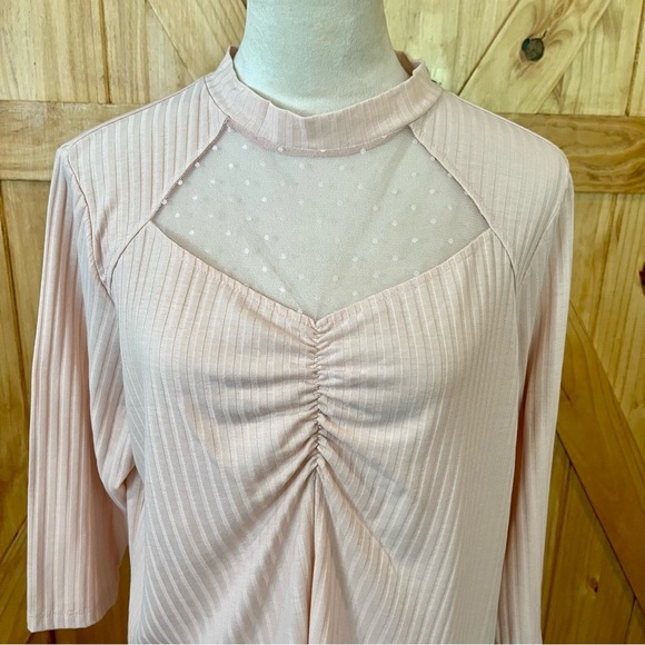 Como Blu Ladies Light Peach Ruched Ribbed Blouse with Mandarin Collar - Picture 3 of 10